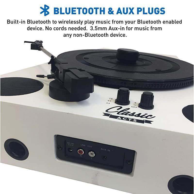 Vertical Bluetooth Turntable 3 Speed Record Player Auto Stop Feature Amplified Triple Builtin Stereo Speakers Headphone Jack Input and RCA Outputs White