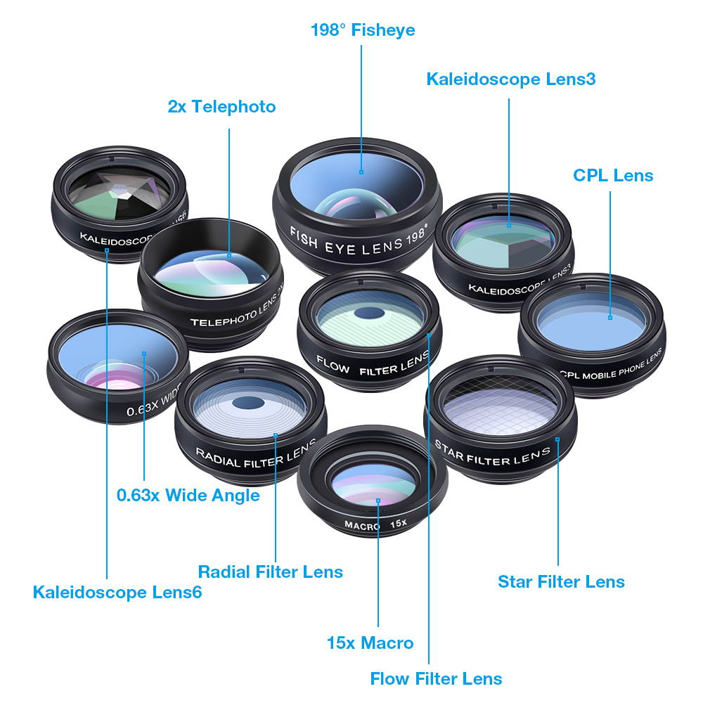 Phone lens kit universal 10 in 1 Fisheye Wide Angle macro Lens CPL Filter Kaleidoscope+2X telescope Lens for smartphone