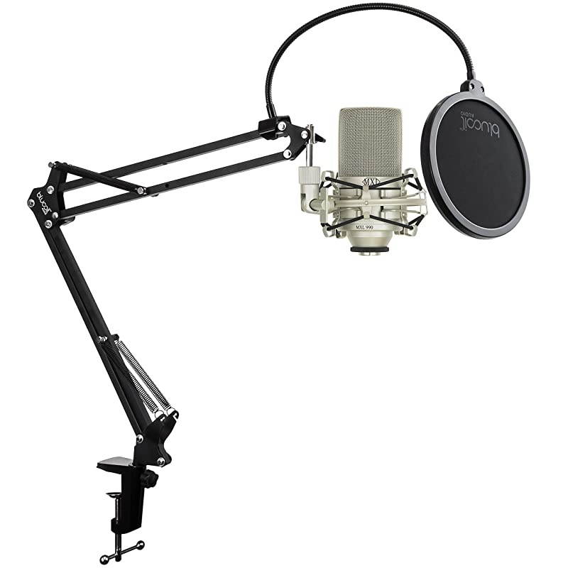 MXL 990 Cardioid Condenser Microphone for Podcasts, Recording Vocals and Acoustic Guitars (Champagne) Bundle with  Boom Arm Plus Pop Filter, and 10-FT Balanced XLR Cable