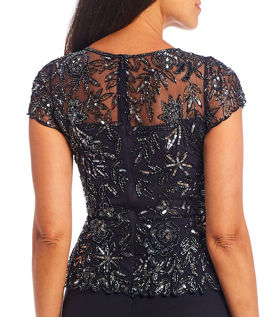 Jkara Petite Size V-Neck 3/4 Sleeve Beaded Bodice Gown