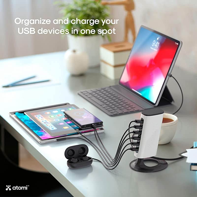 Charge Tower Pro - USB Desktop Charging Station, 6 Ports with Ai Rapid-Charge Technology - Black and White
