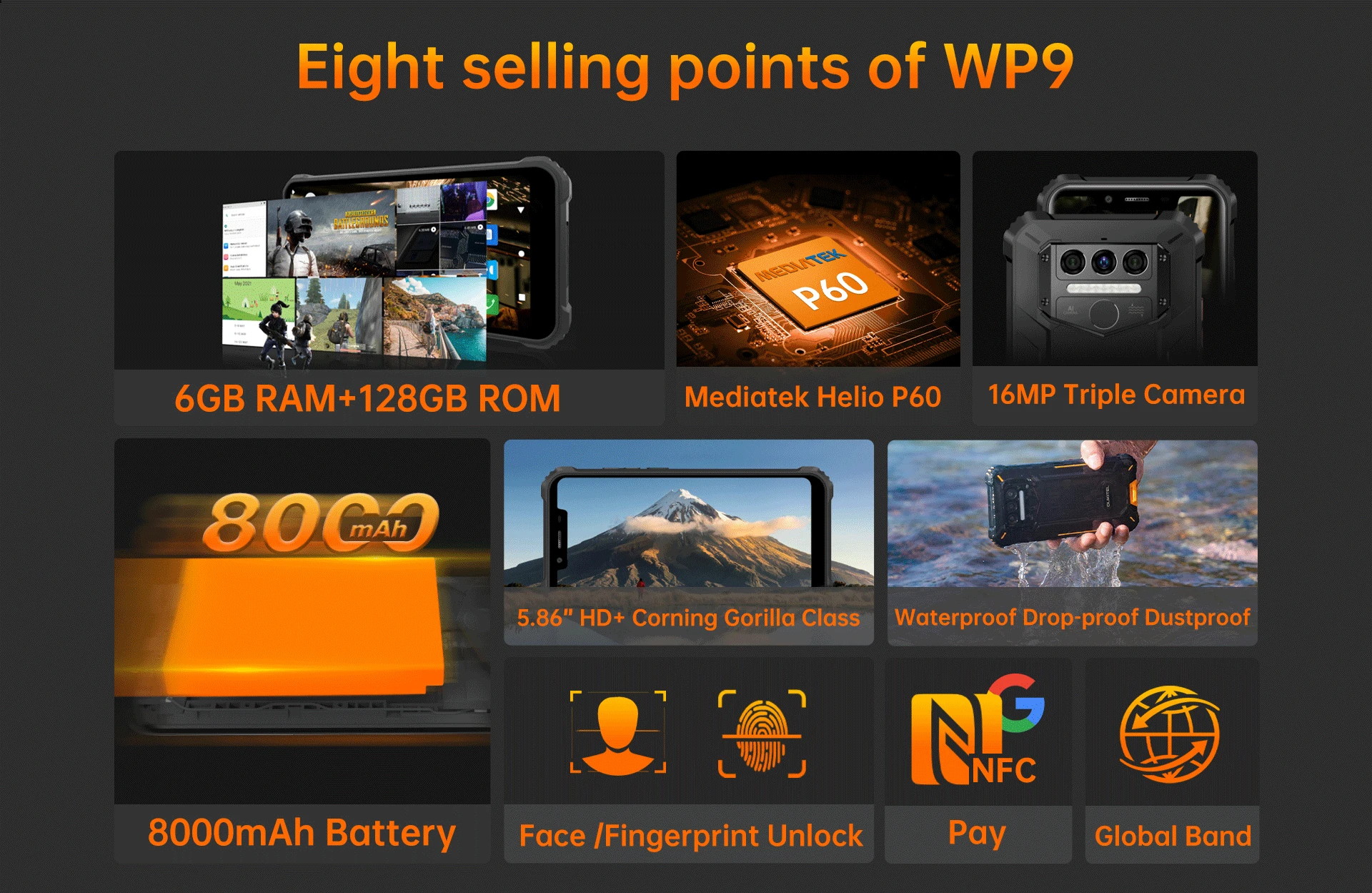 OUKITEL WP9 Global Bands IP68&IP69K Waterproof 6GB 128GB NFC 8000mAh 5.86 inch 16MP Triple Rear Camera Helio P60 4G Smartphone