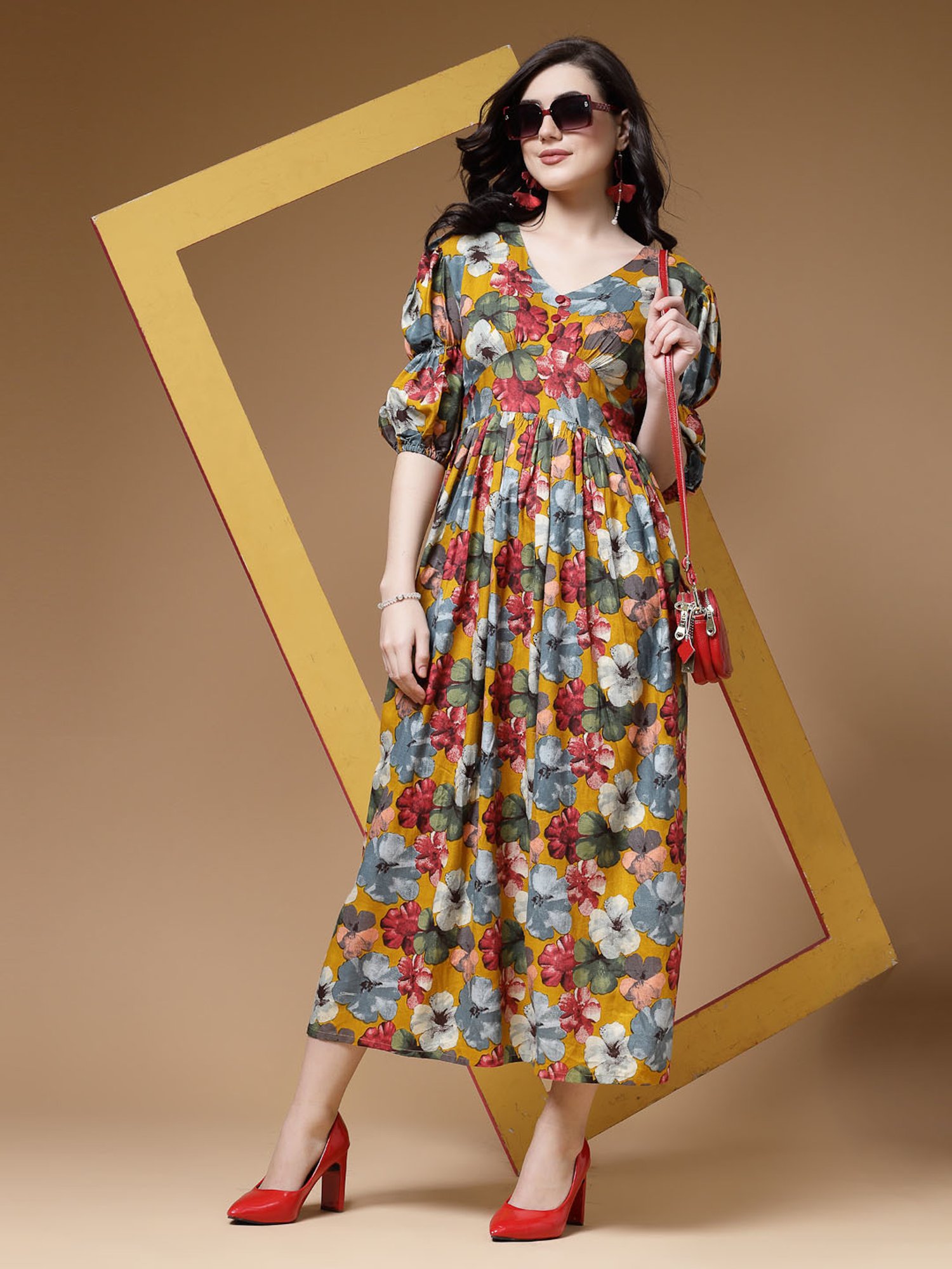 Indibelle Yellow Floral Ethnic Dress