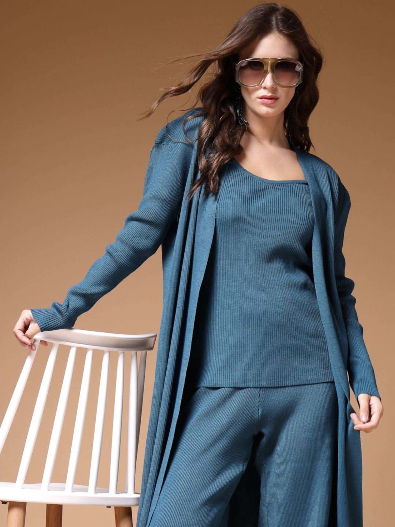 Mafadeny Teal Blue Plain Top Pants Set With Shrug