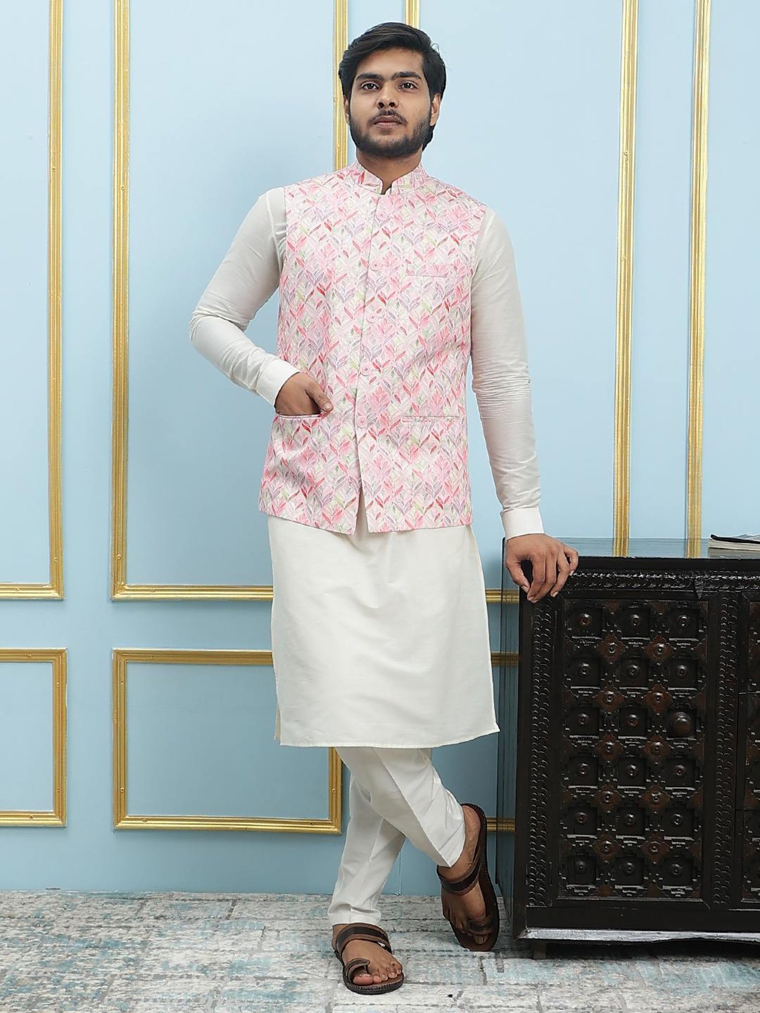 See Designs Pink Slim Fit Printed Nehru Jacket