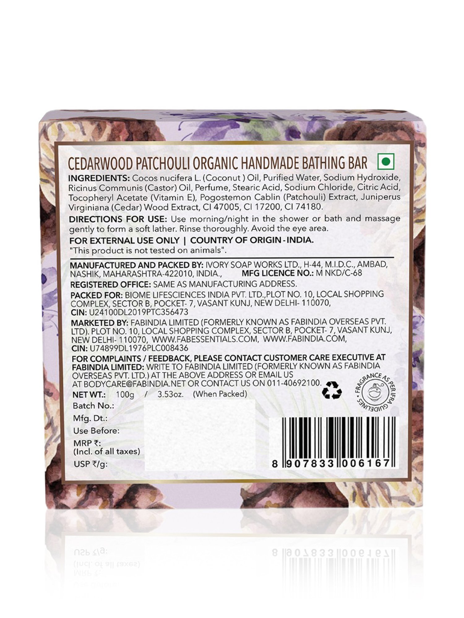Fabessentials Cedarwood Patchouli Organic Handmade Bathing Bar - 100 gm