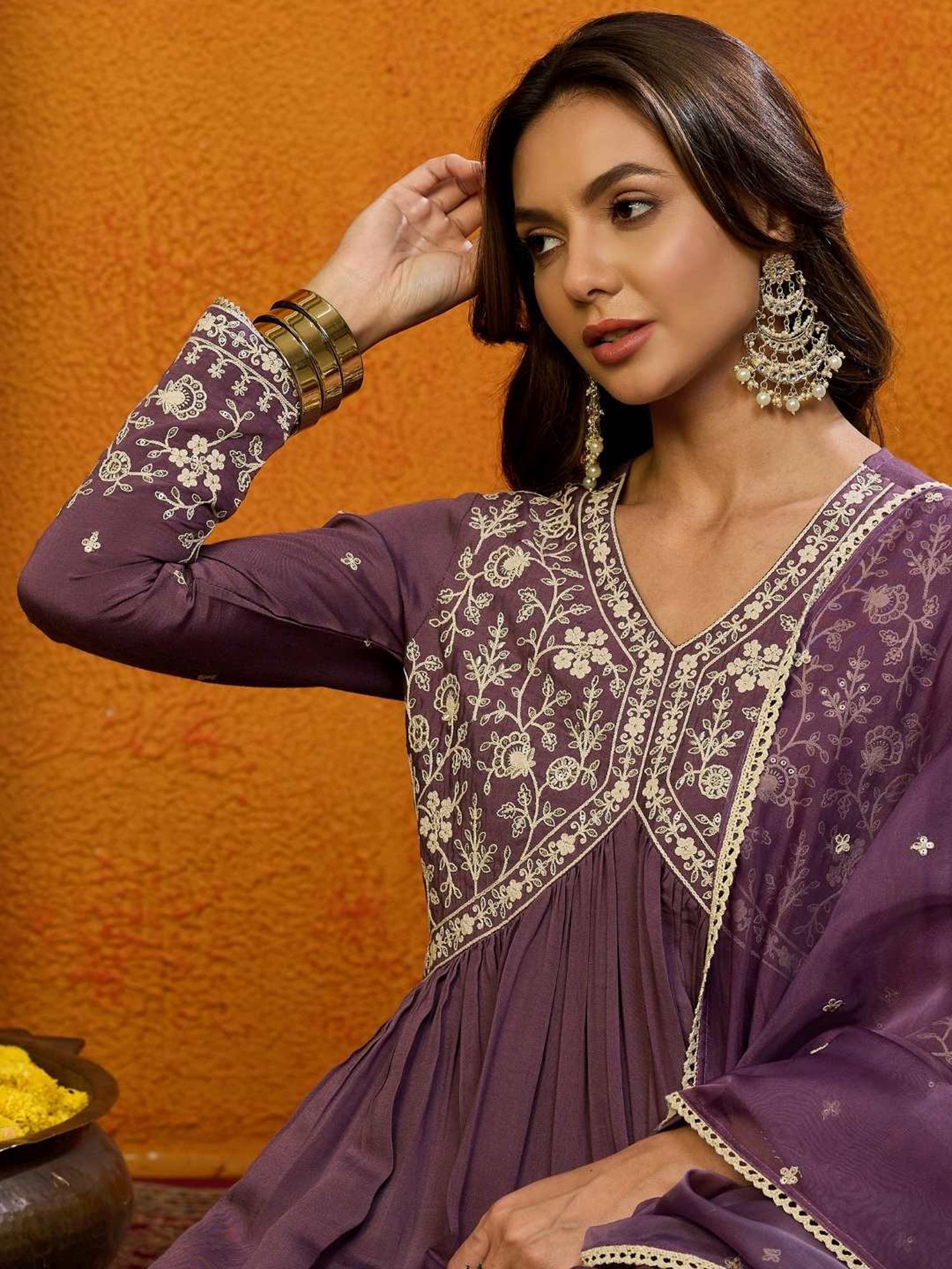 Vaamsi Purple Embroidered A-Line Dress With Dupatta