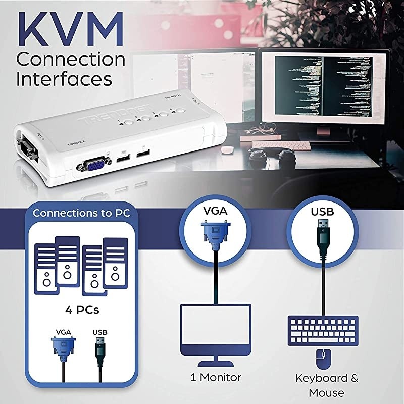 4Port USB KVM Switch Kit VGA USB Connections 2048 x 1536 Resolution Cabling Included Control up to 4 Computers TK407K