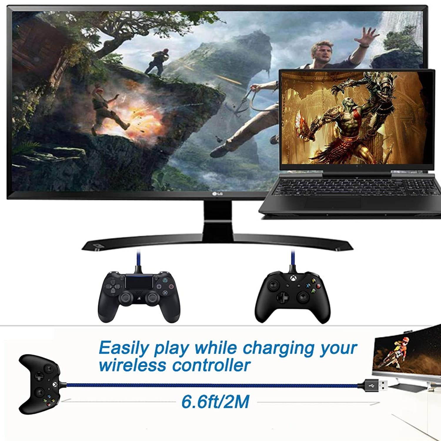 Charger Cable for Xbox One Controller,PS4 Controller Charging Cord,Braided Micro USB Android Data Sync Cord for Xbox One S/X,Playstation 4,PS4 Slim/Pro,Dualshock 4,Samsung Galaxy S7 Edge/S6,Kindle,6FT