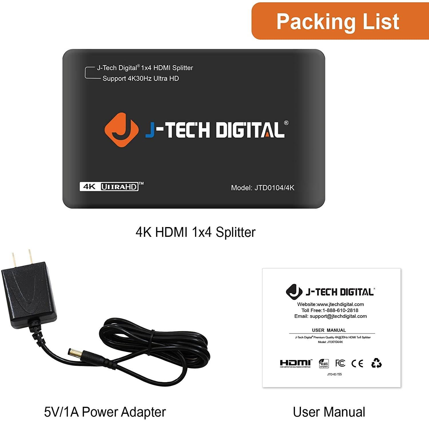 J-Tech Digital JTD0104/4K Most Advanced 4 Ports HDMI 1X4 Powered Splitter Support Ultra HD 4K 3840 A 2160 Resolution and 3D