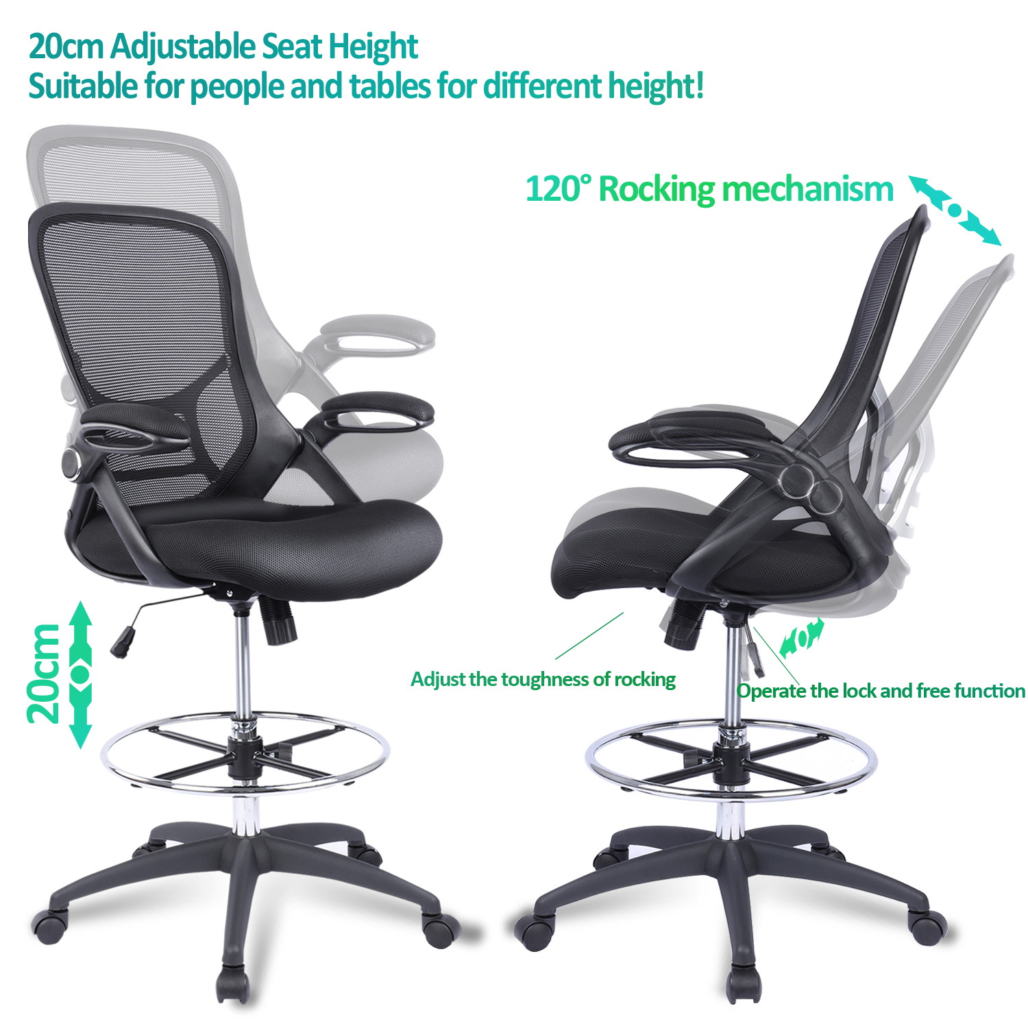 High-Back Mesh Ergonomic Drafting Chair Tall Office Chair Standing Desk Stool with Adjustable Foot Ring and Flip-Up Arms (Black)