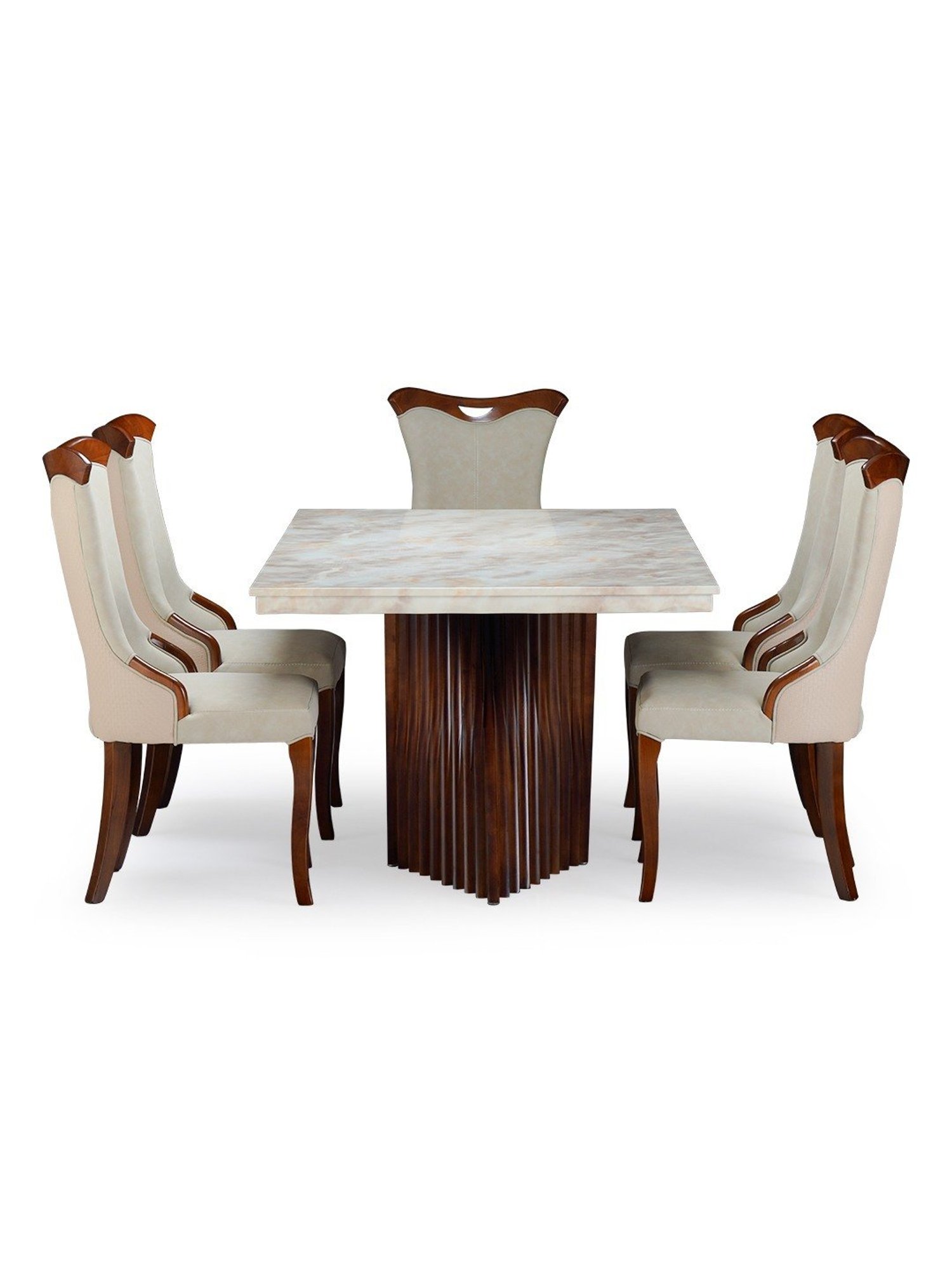 Durian Elanor Modern Tan Beige & Oak Brown Composite Marble 6 Seater Dining Set