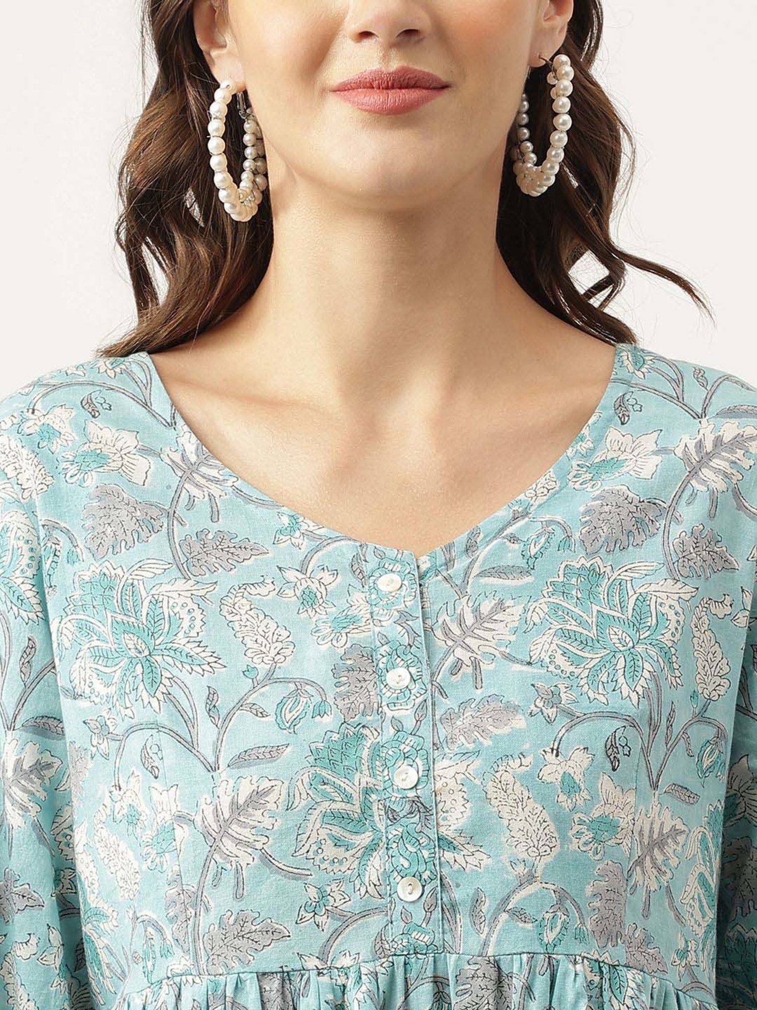 Divena Sky Blue Cotton Floral Print Top
