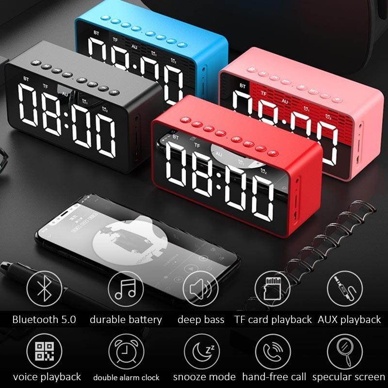Wireless bluetooth speaker, bluetooth 5.0 speaker with mirrored LED alarm clock and built-in microphone voice, for Android and IOS smart phones,Black