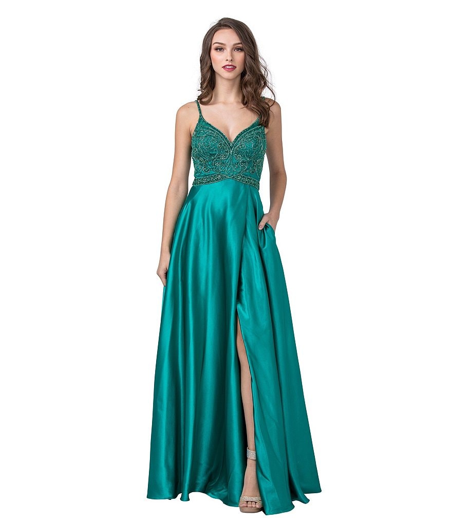 Coya Collection Spaghetti Strap V-Neck Beaded Cage-Back High Side Slit Satin Long Dress