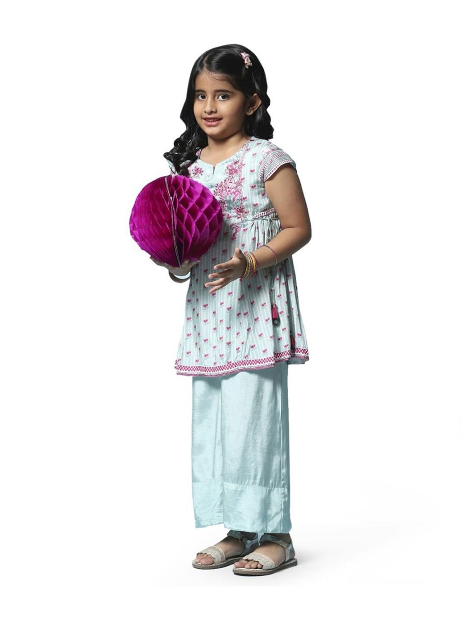 Biba Girls Sea Blue & Pink Floral Print Kurta Set