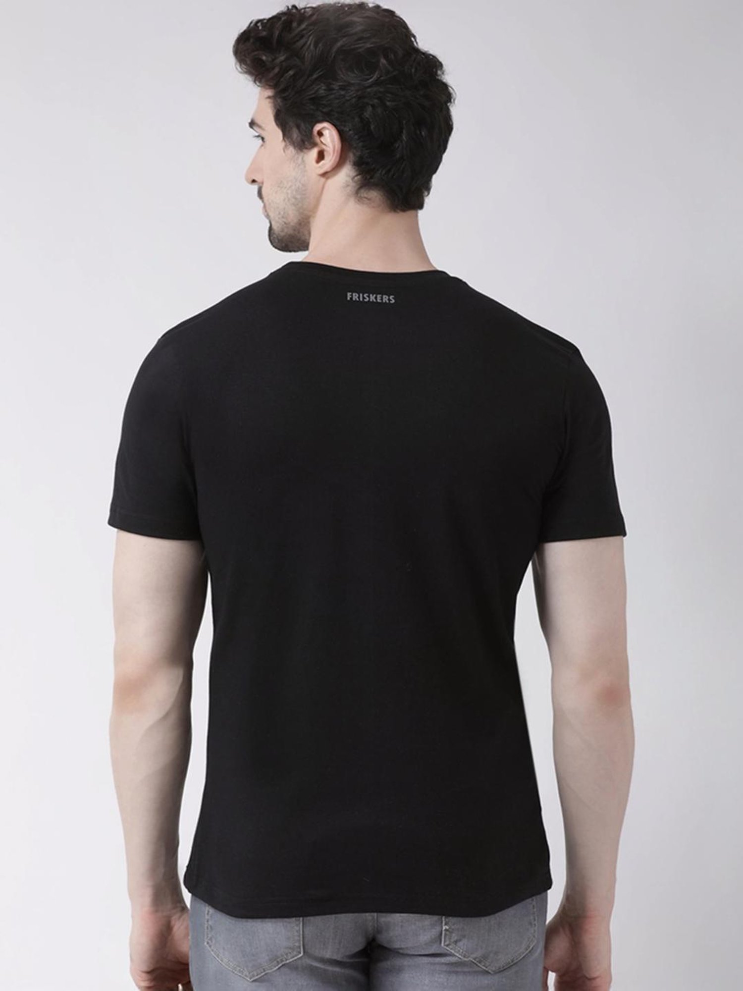 Friskers Black Cotton Slim Fit Printed T-Shirt