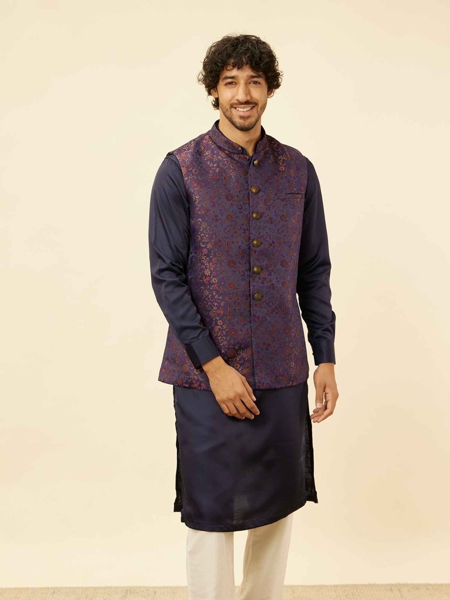 Manyavar Navy Regular Fit Self Pattern Nehru Jacket