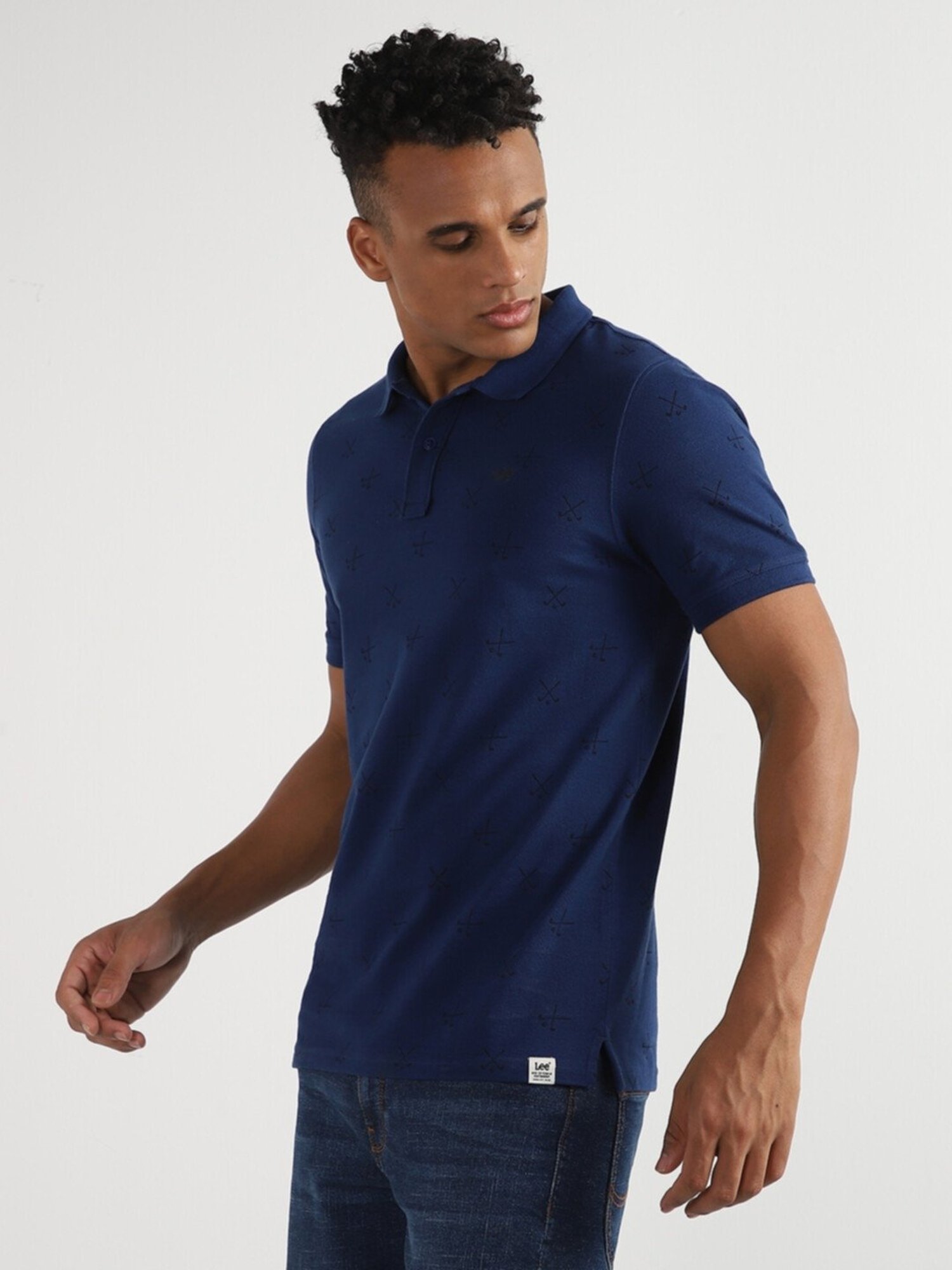 Lee Navy Cotton Slim Fit Printed Polo T-Shirt