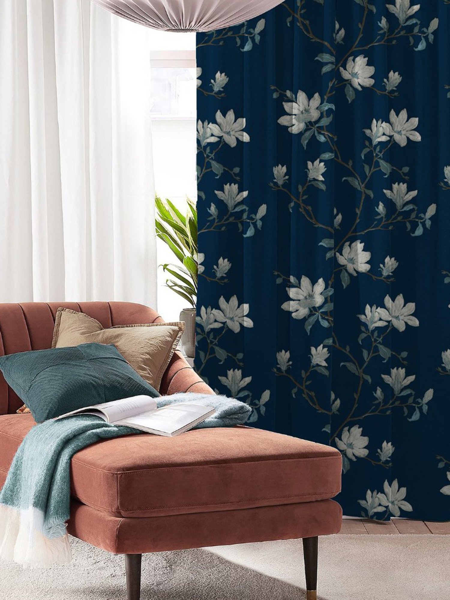 SPACES DRAPE STORY Elegant Floral Blue & Beige Polyester 7 ft Door Curtains - Set of 4