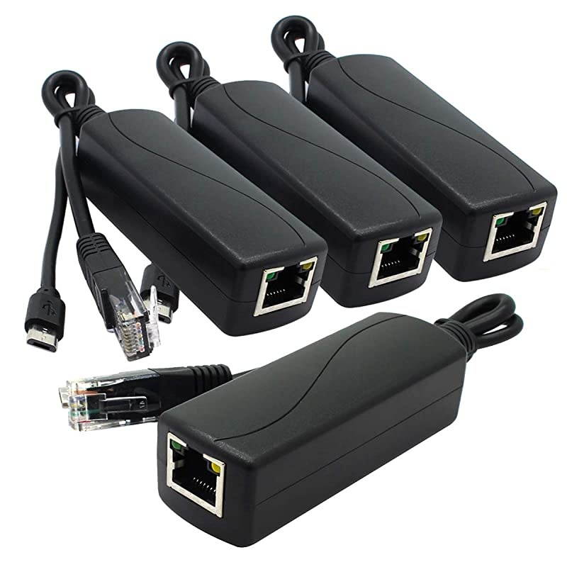 4Pack Gigabit PoE Splitter 48V to 5V 24A Micro USB Ethernet Adapter Works with Raspberry Pi 3B+ IP Camera and More
