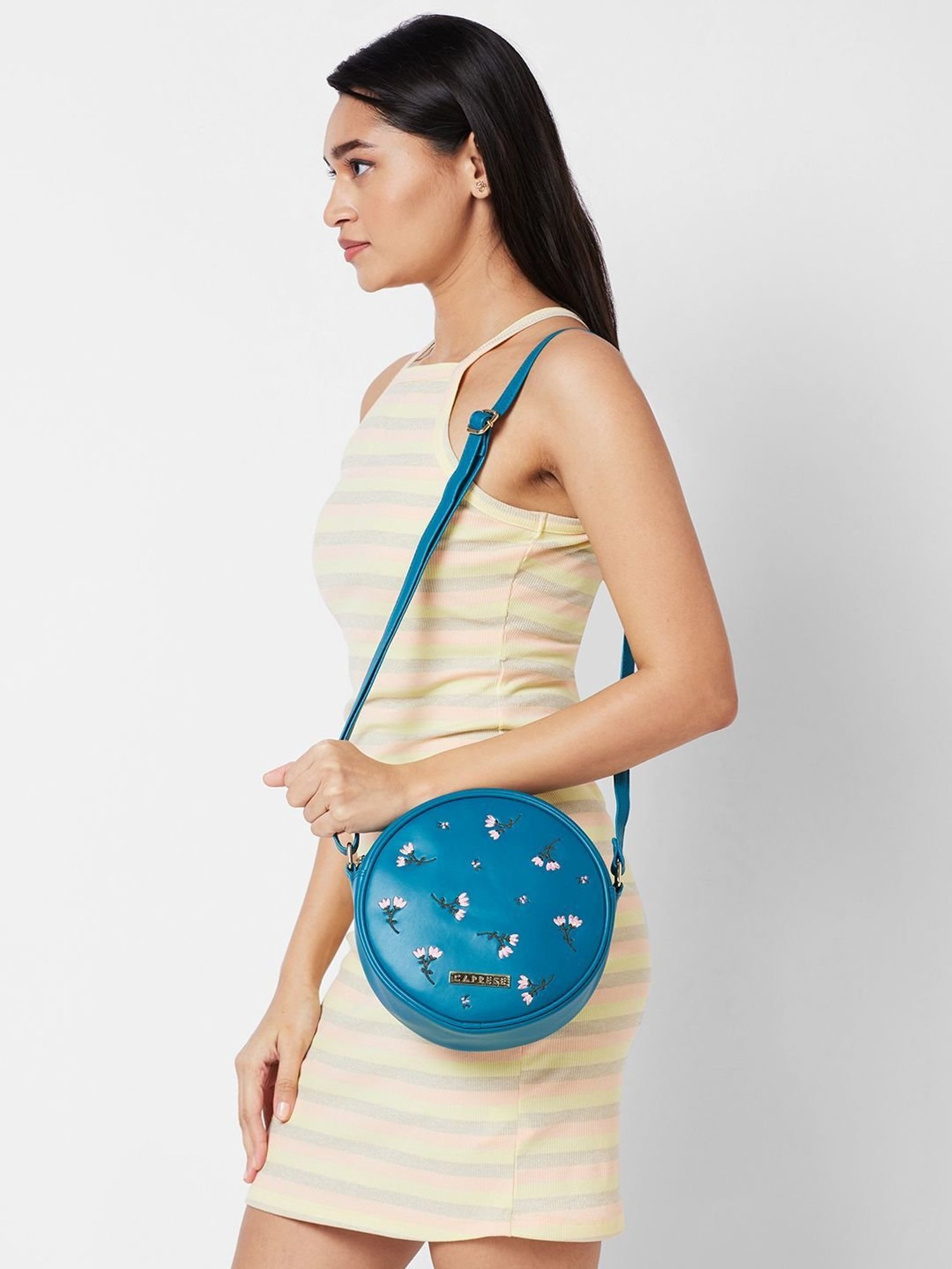 Caprese Dara Green Faux Leather Embroidered Sling Handbag