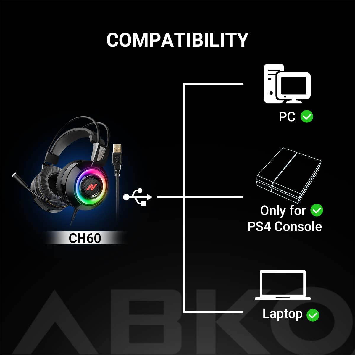 ABKONCORE CH60 Gaming Headset with True 7.1 Surround Sound for PC, PS4, Laptop, Bass Vibration, Noise Cancelling, Soft Earmuffs Headphones with Mic, LED Light, in-line Controller for FPS Games