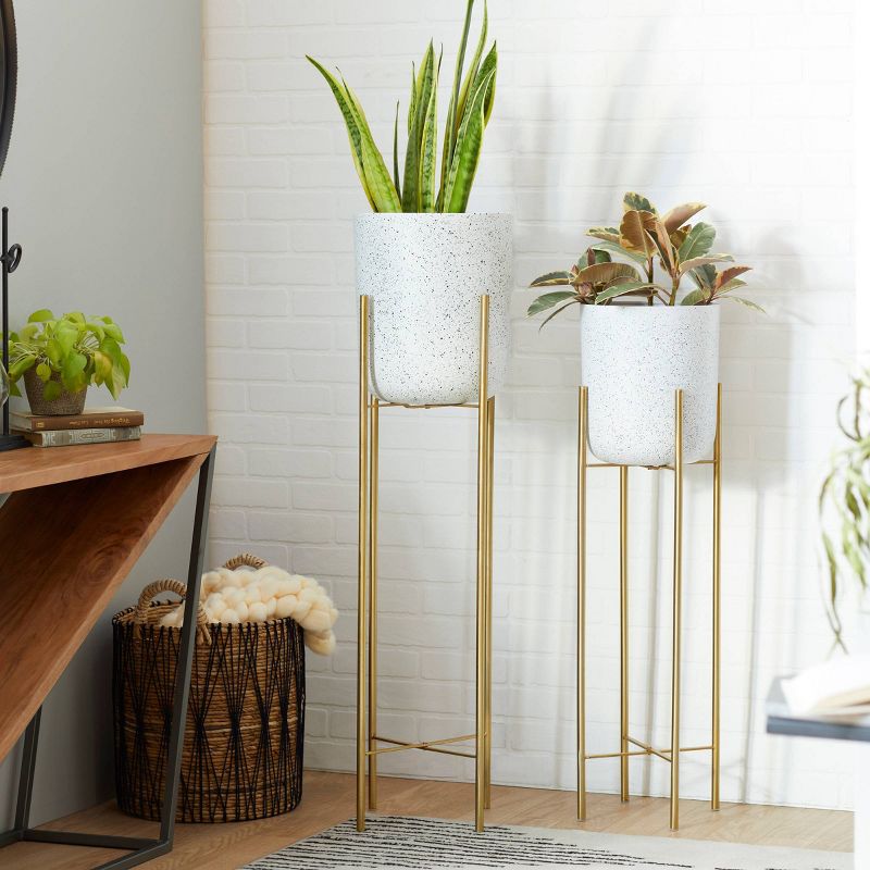 Set of 2 Tall Planters with Metal Stand White/Gold - Olivia & May