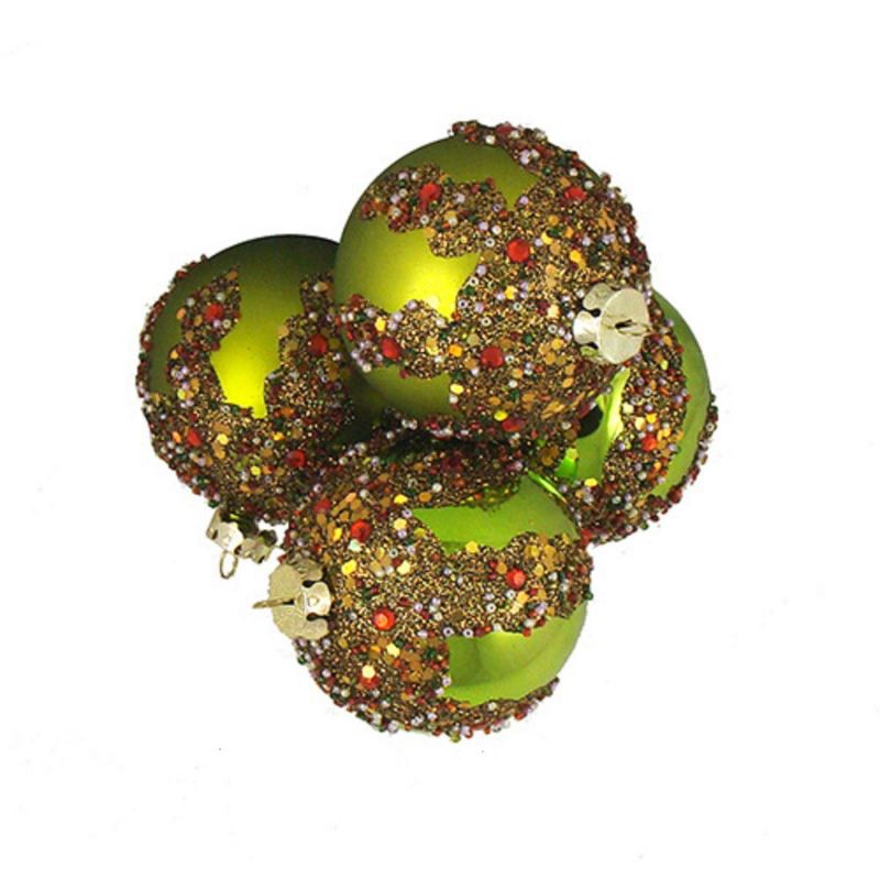 Barcana 4ct Glitter Sequin Beaded Shatterproof Christmas Ball Ornament Set 3.25" - Green