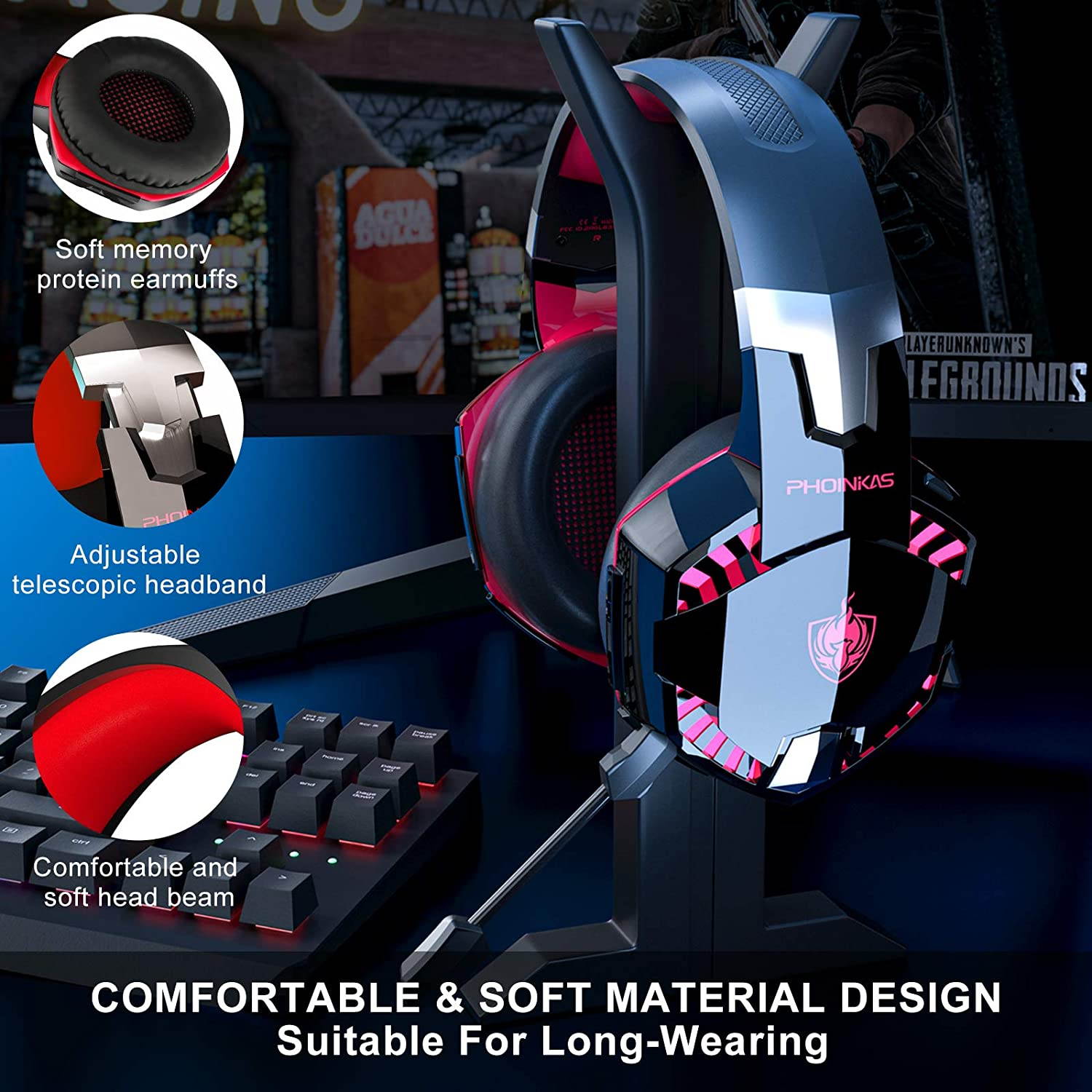 PHOINIKAS G2000 Wired Gaming Headset for PS4, Xbox One, PC, PS5, Over Ear Headphones with Detachable Noise Cancelling Mic, One-Click 7.1 Sound, Bluetooth Wireless Headset only for Phone, Up to 12h