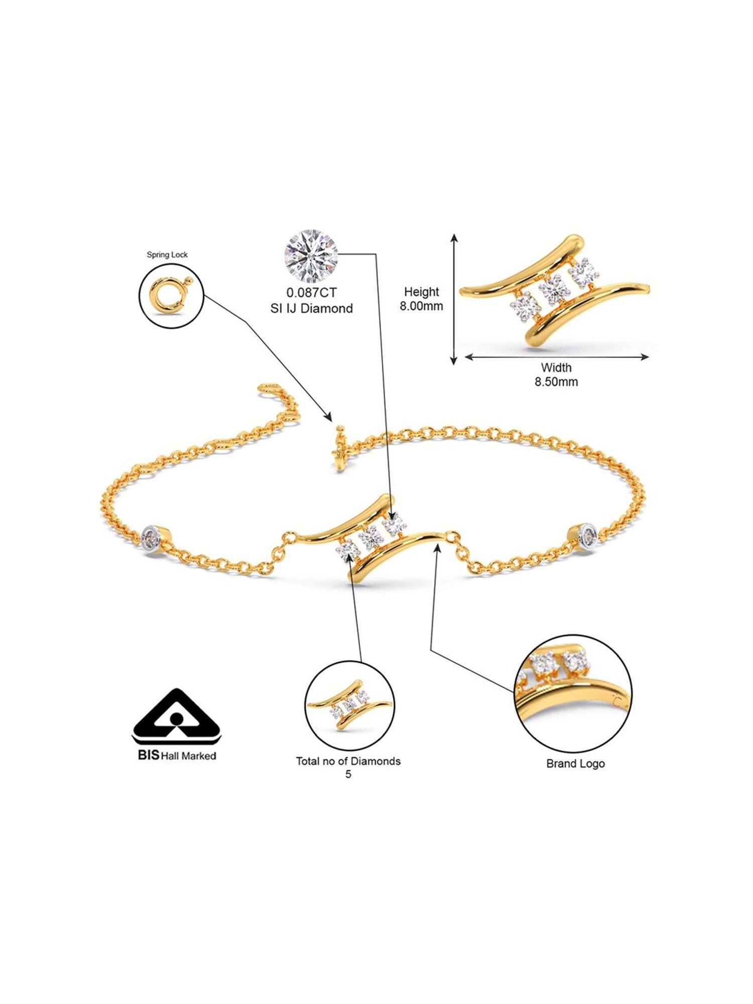 Candere by Kalyan Jewellers BIS Hallmark 18K Yellow Gold and Certified Diamonds Bracelet