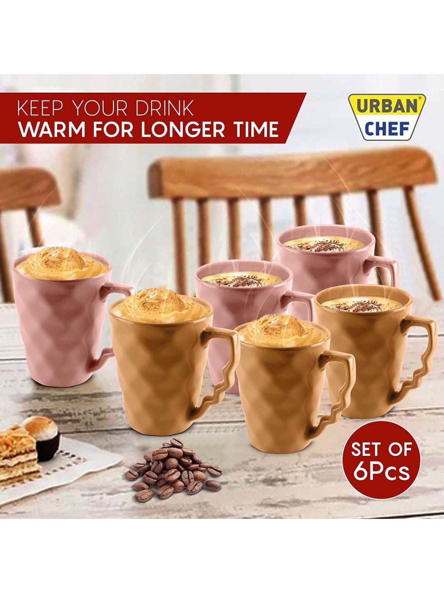 Urban Chef Pink & Brown Ceramic Microwave Safe Coffee Mug (0.225 L) - Set of 6