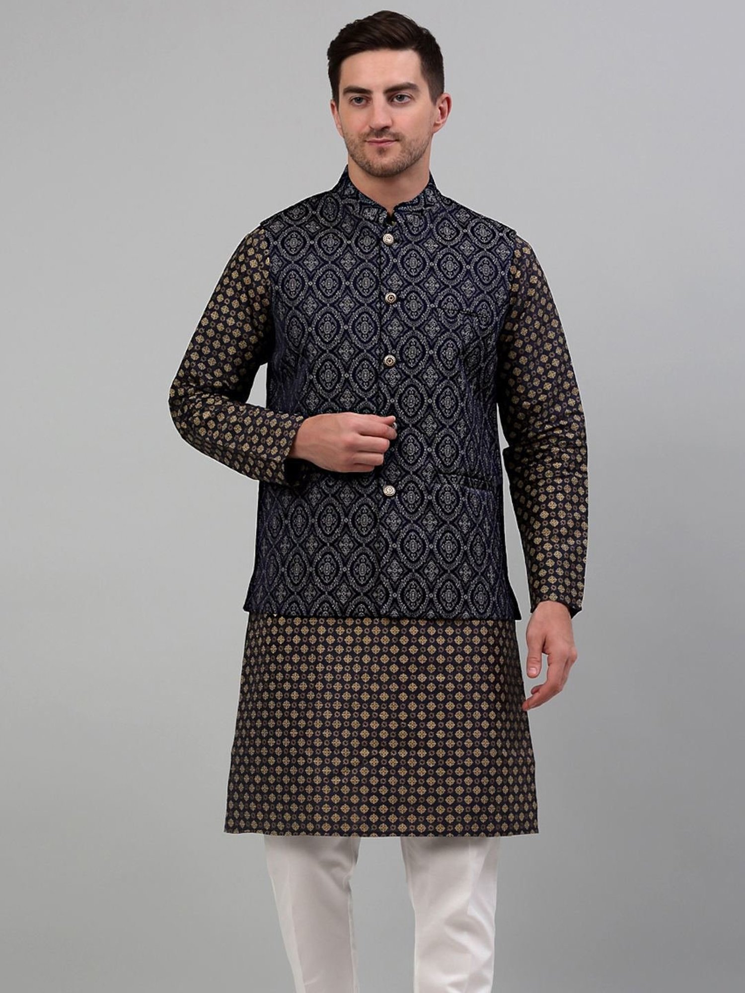 Jompers Silver Regular Fit Self Pattern Nehru Jacket