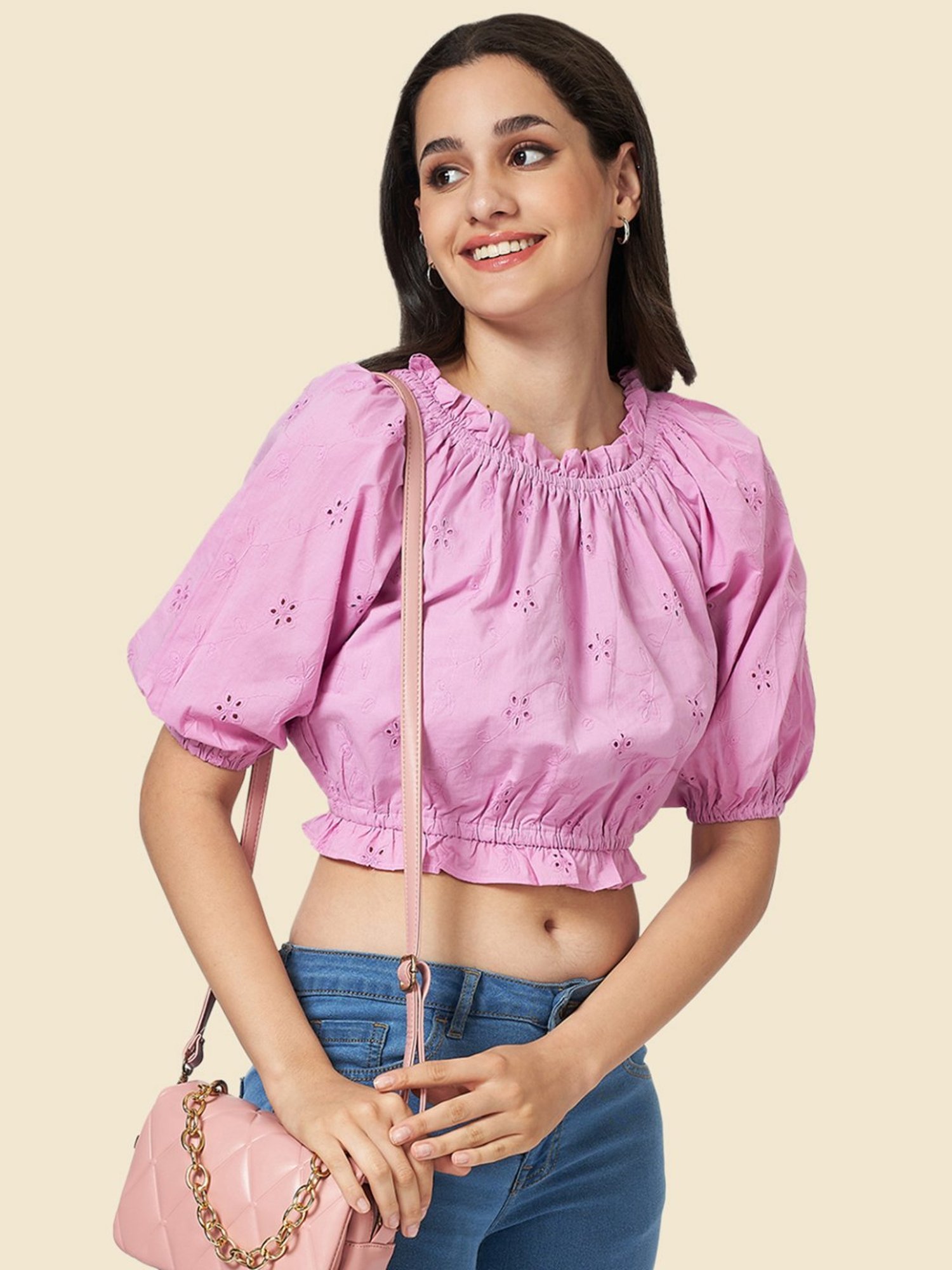 YU by Pantaloons Purple Cotton Self Pattern Crop Top