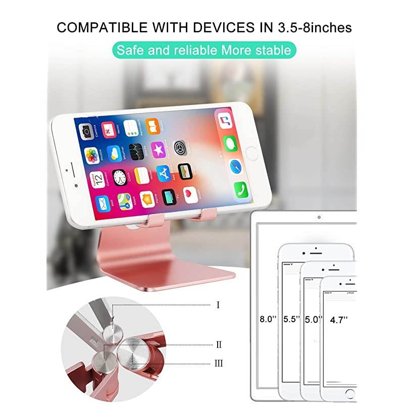Adjustable Cell Phone Stand,  Phone Holder, Tablet Stand Dock, Aluminum Desktop Compatible with iPhone 12 iPad, Samsung Galaxy, Google Pixel All Smart Phone/Tablets Under 10 in-Rose Gold