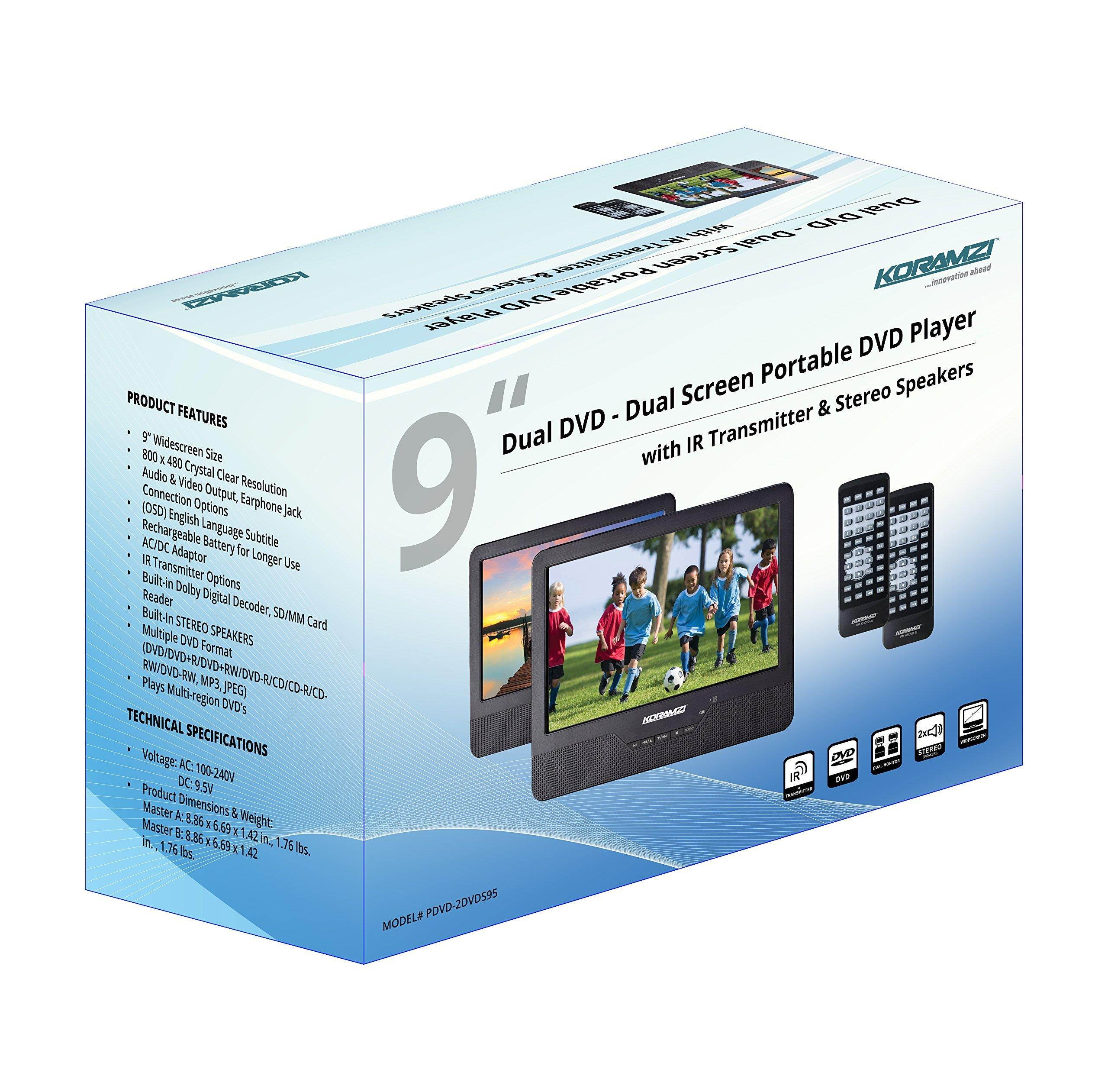 Koramzi Portable 9" Dual Screen Dual DVD Player W Rechargeable Battery/ AC Adapter/ AV in/ USB &SD Card Reader/ Remote Control/ Car Adapter/ IR Transmitter Ready/ USB /Headrest Mounting Kit