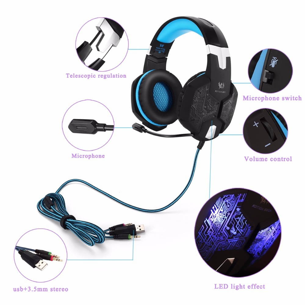 KOTION EACH G1000 Game Headset Deep Bass Game headphones Computer Stereo Gaming headphones LED light with microphone for PC Gam