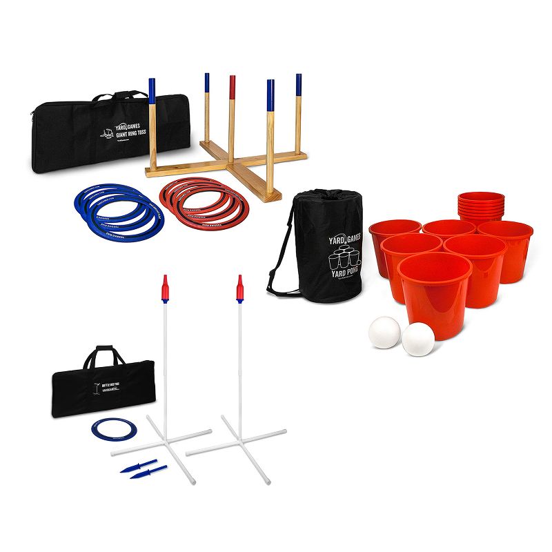 Yard Games Outdoor Giant Wooden Ring Toss Lawn Game w/ Giant Outdoor Pong Set & Backyard Bottle Ring Toss Beersbee Game Set