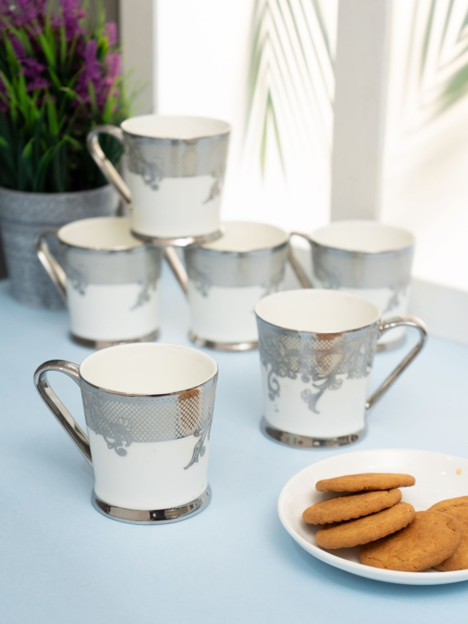 Clay Craft Printed Grey Ceramic Tea Cups- Set of 6 (200 ml each)