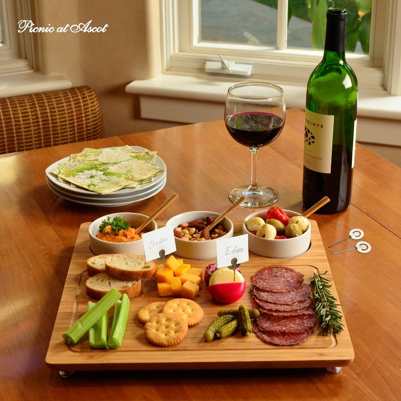 Picnic at Ascot Bamboo Cheese Board/Charcuterie Platter w/Bowls & Bamboo Spoons & Cheese Markers - 13" x 13"