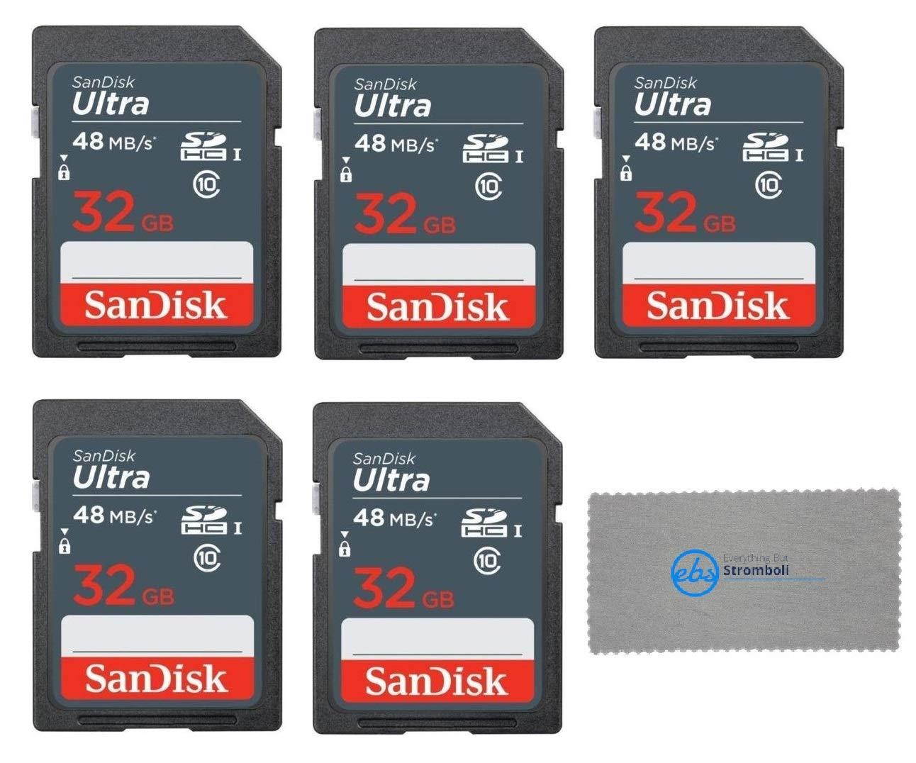 SanDisk 32GB Ultra SD Memory Card (5 Pack) SDHC UHS-I Card Class 10 (SDSDUNB-032G-GN3IN) Bundle with 1 Everything But Stromboli Microfiber Cloth