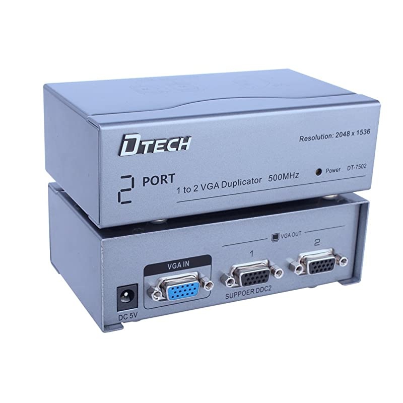 Powered VGA Splitter 1 in 2 out Video Distribution Box Signal Copy with Power Adapter 500MHz High Resolution 1080p