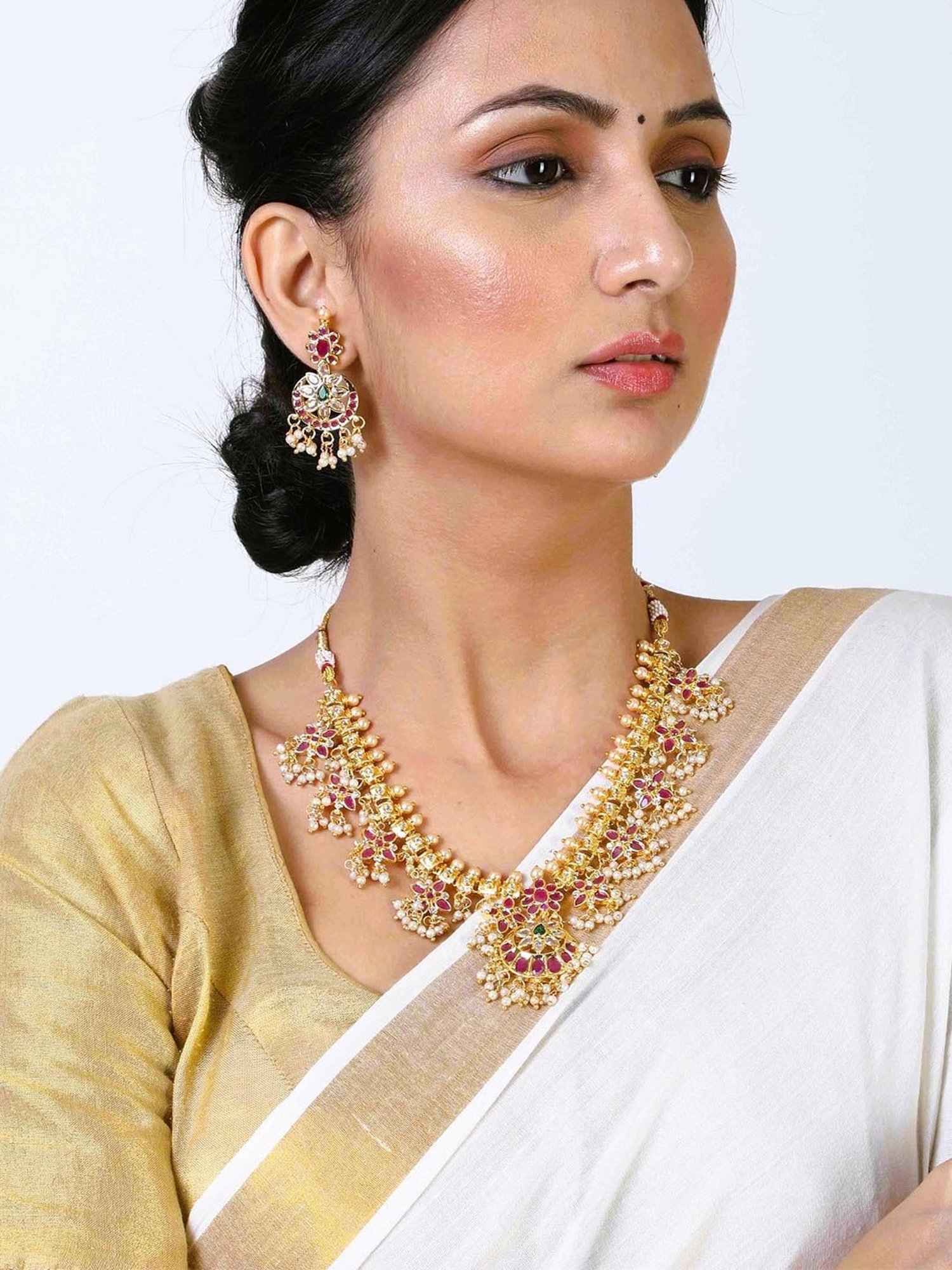 Estele Gold-Plated CZ Traditional Machilipatnam Bridal Necklace Set with Pearls for Women