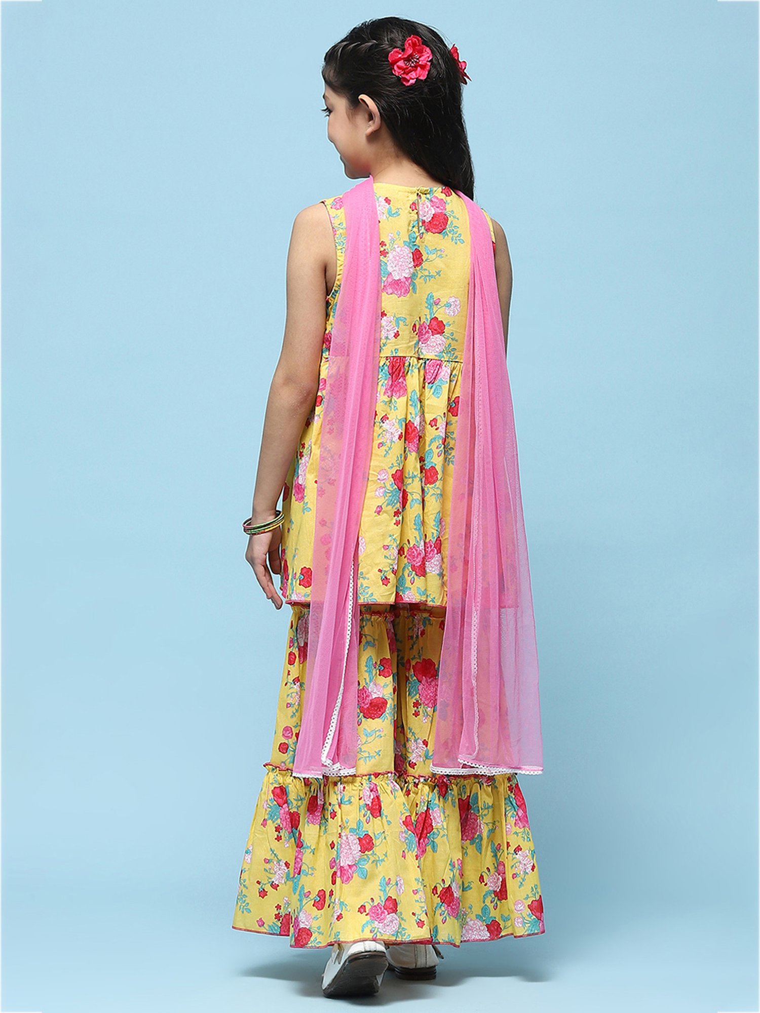 BIBA Girls Yellow & Pink Printed Kurta, Sharara with Dupatta