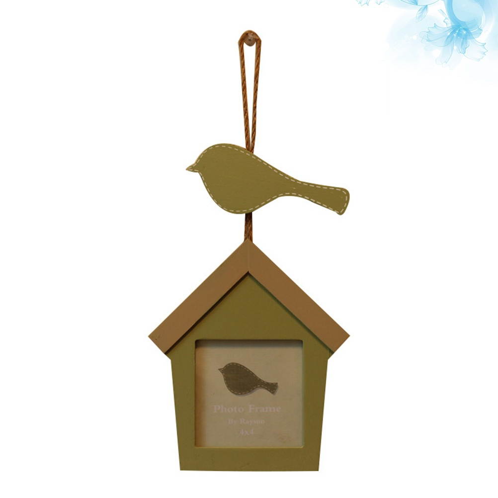 Sing Bird House Combination Photo Frame Hangable Wooden Photo Wall with String Decorative Green Picture Frame Gift Home Decor