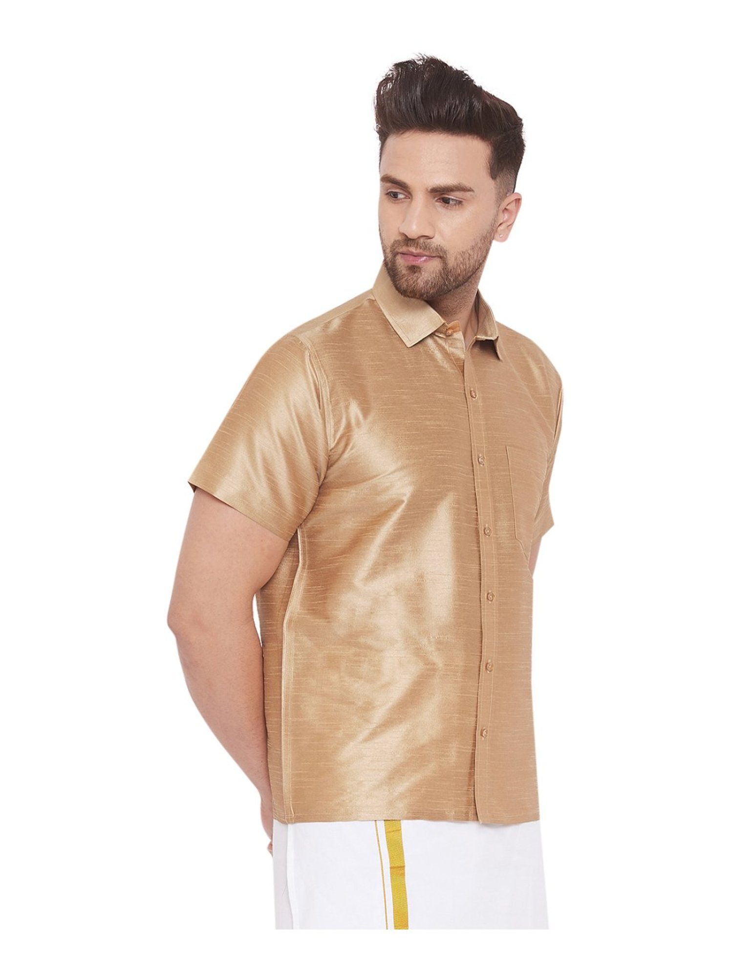 VASTRAMAY Beige Straight Fit Self Pattern Ethnic Shirt