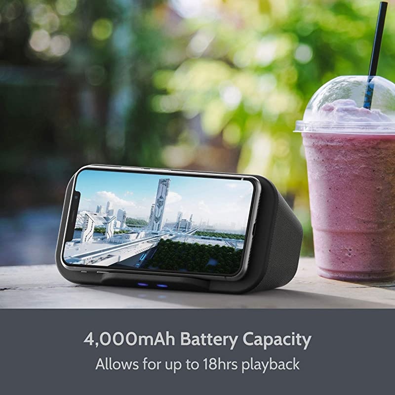 Speaker with Wireless Charger Stand, Premium Stereo Sound Speaker 18 Hours Playtime, 2 in 1 Home Audio Player Qi Charger Charging Compatible with iPhone, Samsung, Qi-Enabled Smartphones