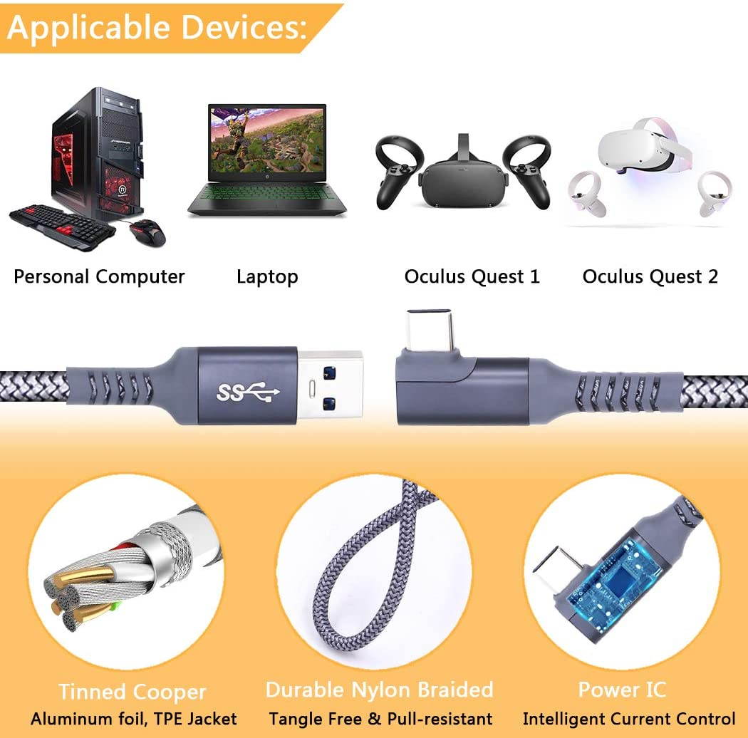 VR Link Cable 20ft 6M Braided USB Type C to A Cord 90 Degree Angled USB 3.2 Gen1 Data Transfer & Fast Charging Cable for Oculus Quest /Quest 2/Rift S and More Devices with USB C Port