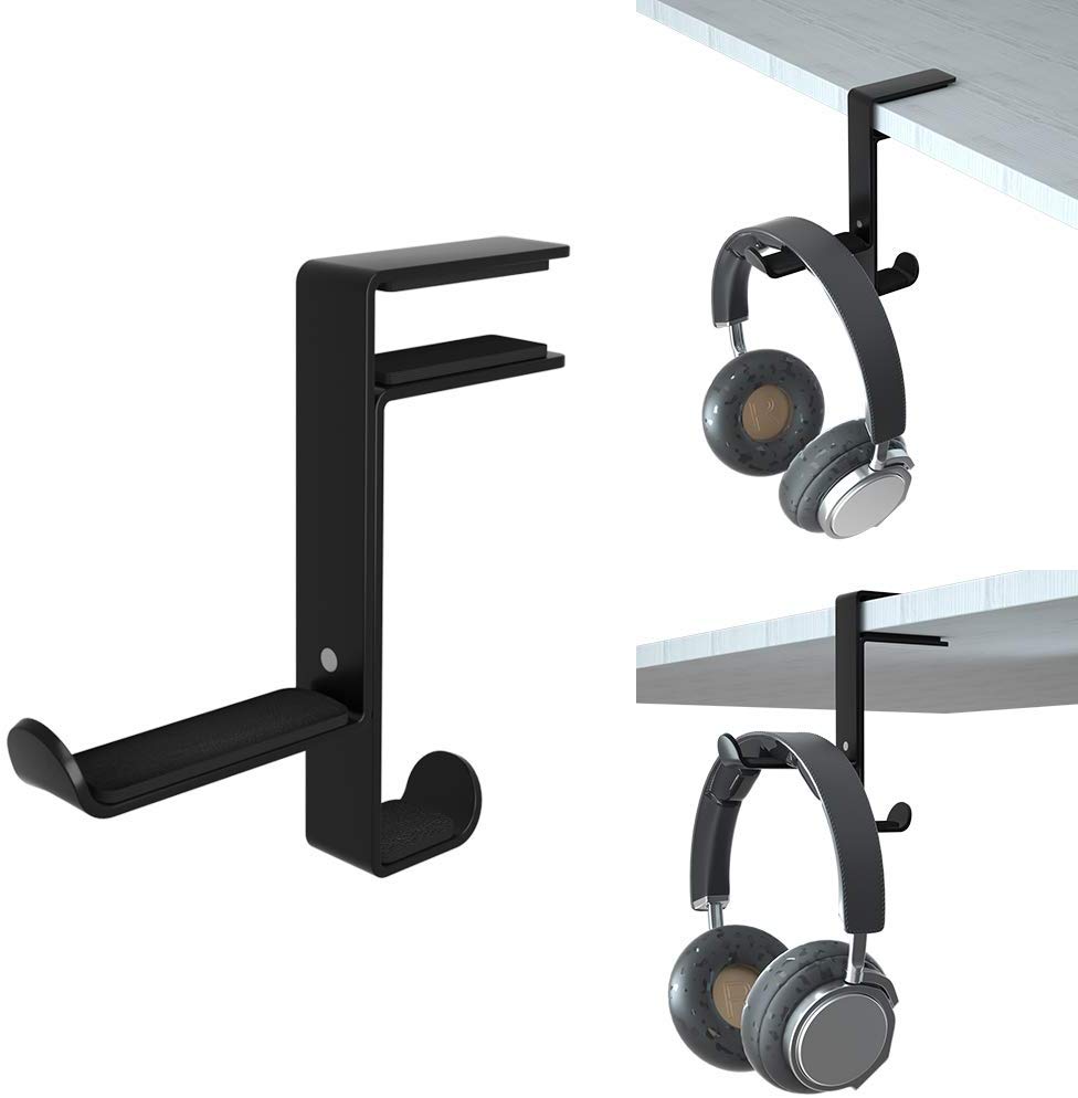 Headset Hook Holder Headphone Hanger, Aigrous Universal PC Gaming Headset Hanger Mount Earphone Stand Adjustable Desk Clamp USB Cable Earbuds Hook Organizer for Apple Watch Headphone
