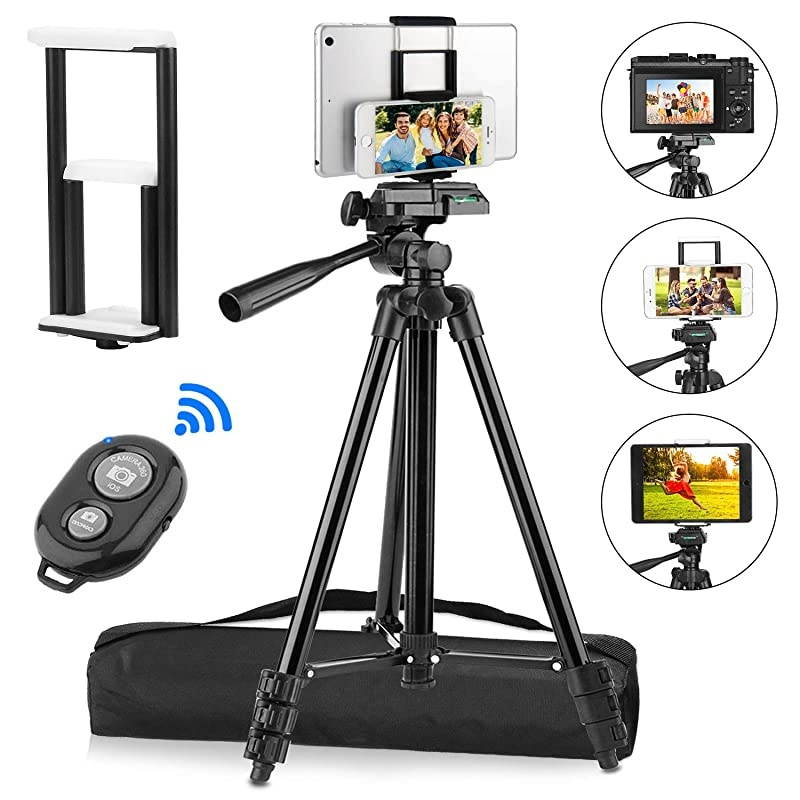 Compatible for iPad iPhone Tripod 50quot Lightweight Aluminum Phone Camera Tablet Tripod + Wireless Remote + Universal 2 in 1 Mount Holder for Smartphone Width 2233quotTablet Width 4373quot